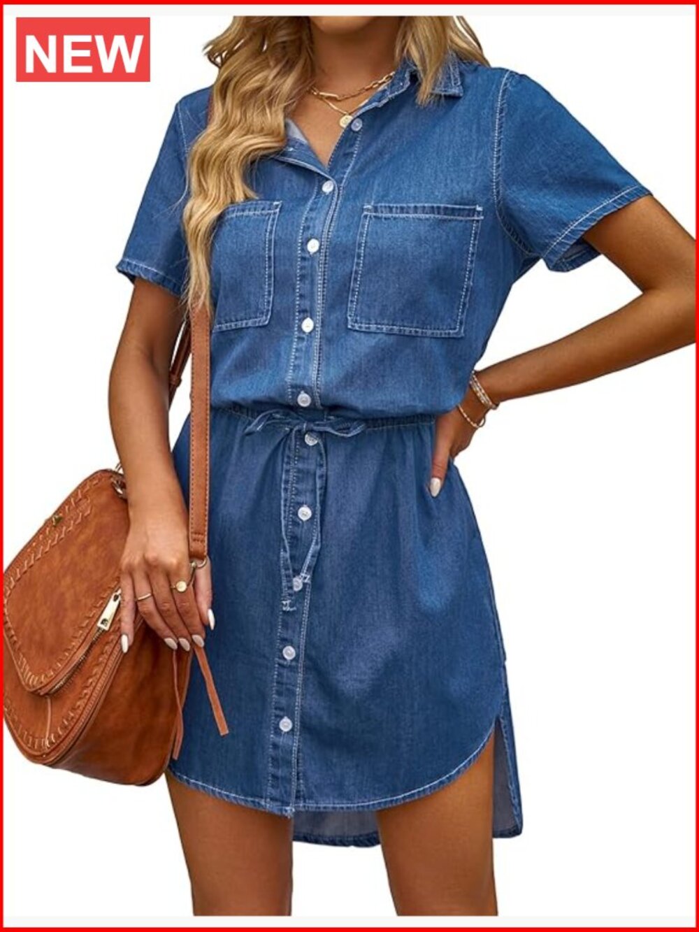 Women Denim Shirt Dress Short Sleeve Tie Waist Casual Button Down